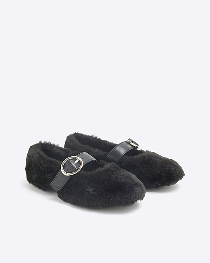 Girls Black Faux Fur Ballet Slippers
