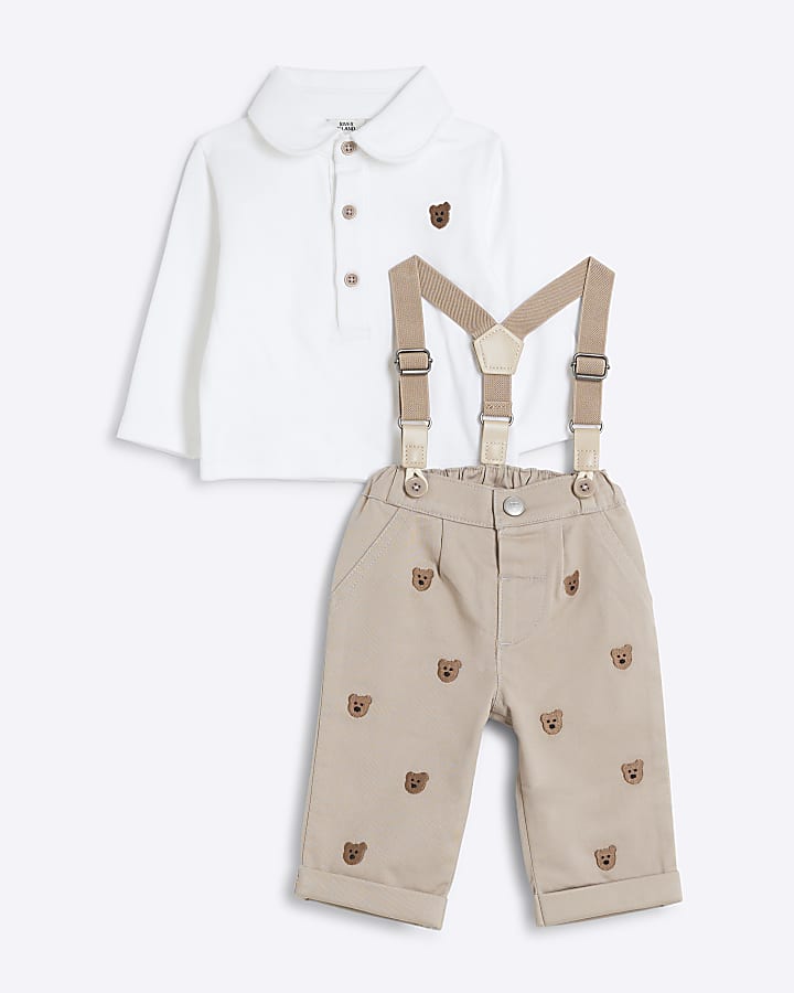 Baby Boys Beige Chino Bear Dungaree Set