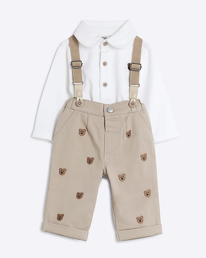 Baby Boys Beige Chino Bear Dungaree Set