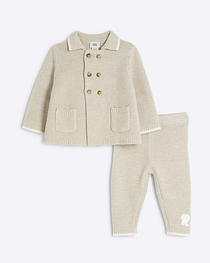 Baby Beige Knitted Button Cardigan Set