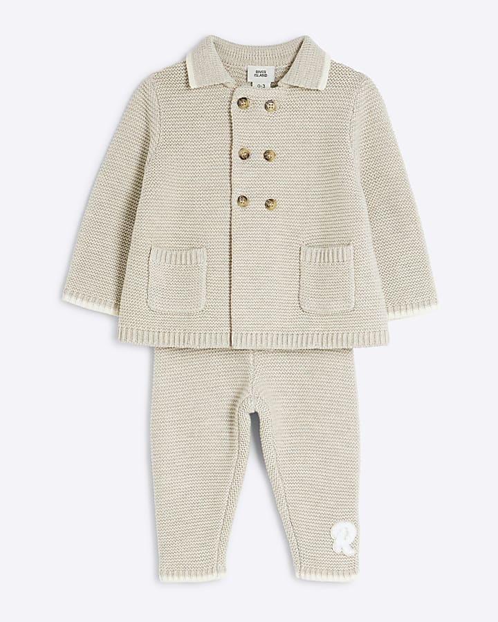Baby Beige Knitted Button Cardigan Set