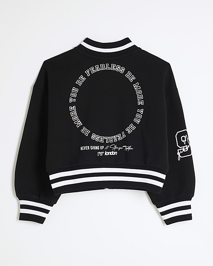 Girls Black Graphic Bomber Jacket