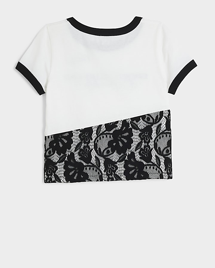 Girls White Lace Hem Graphic T-Shirt