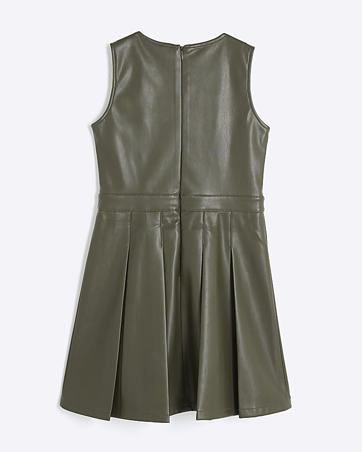 Girls Khaki Faux Leather Pleated Skirt Dress