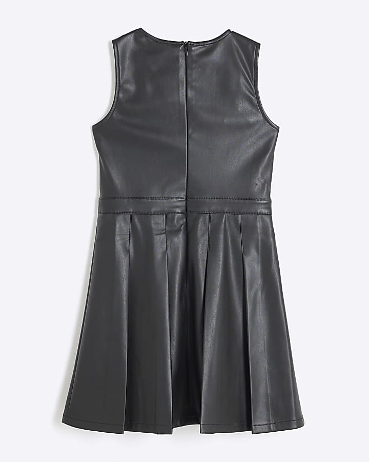 Girls Black Faux Leather Pleated Skirt Dress