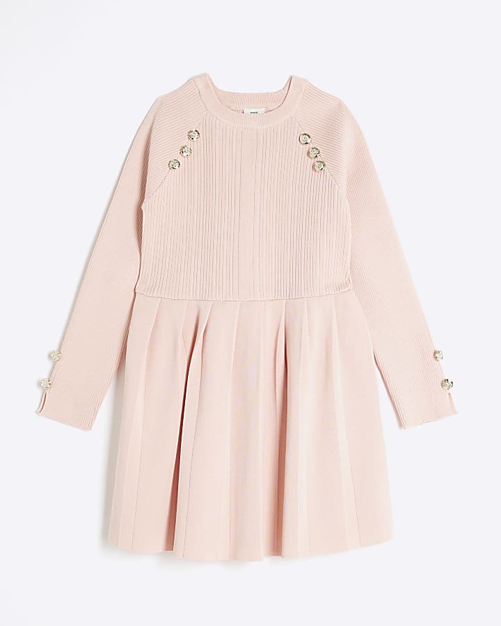 Girl Pink Knit Military Pleated Dress