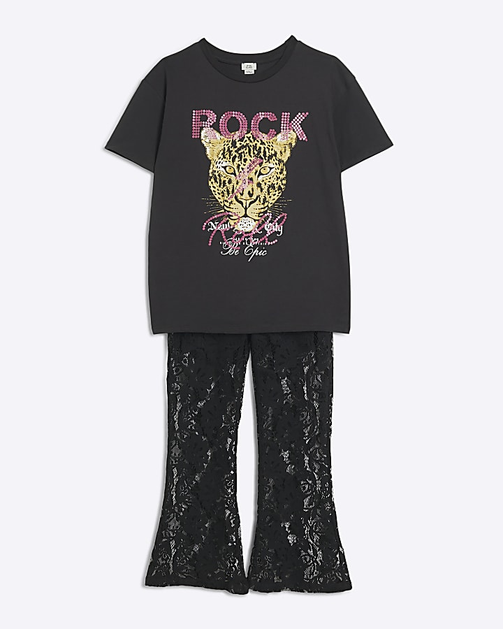 Girls black t-shirt and lace trousers set