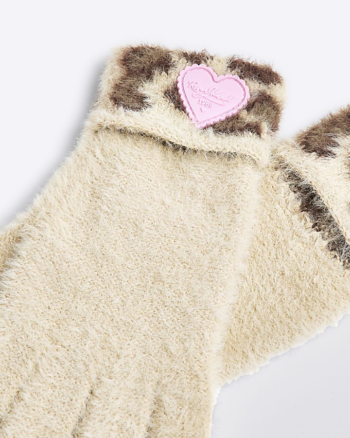 Girls Beige Leopard Print Gloves