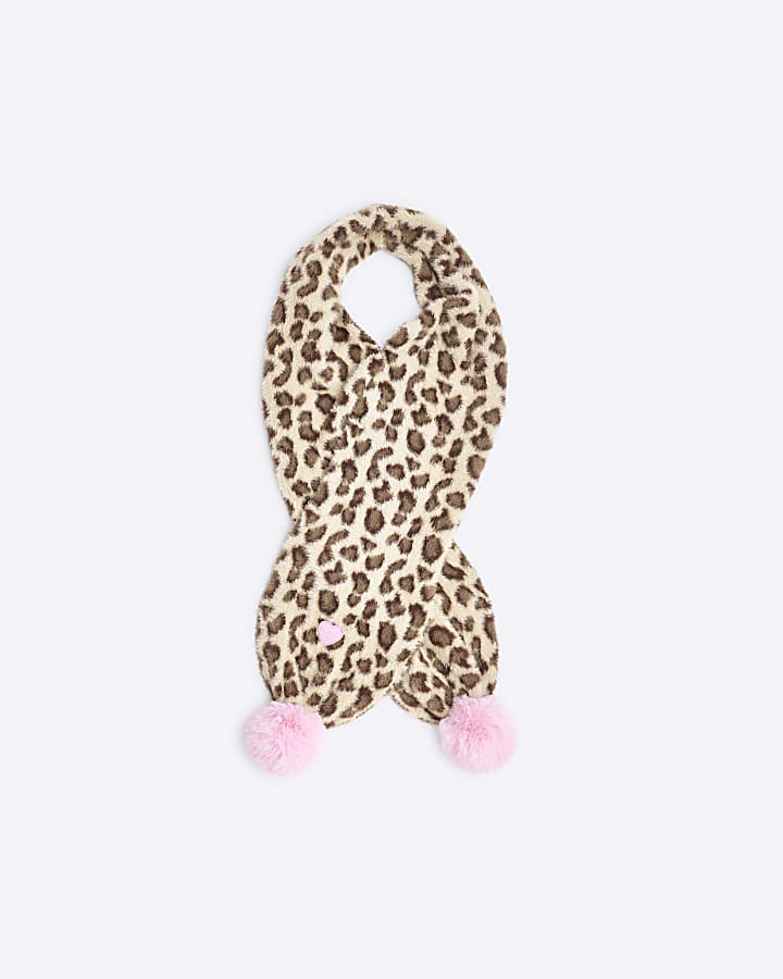 Girls Beige Leopard Print Pom Pom Scarf