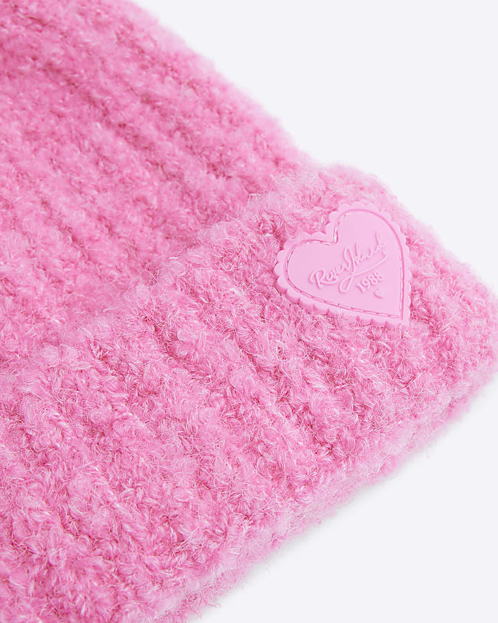 Mini Girls Pink Boucle Pom Pom Beanie Hat