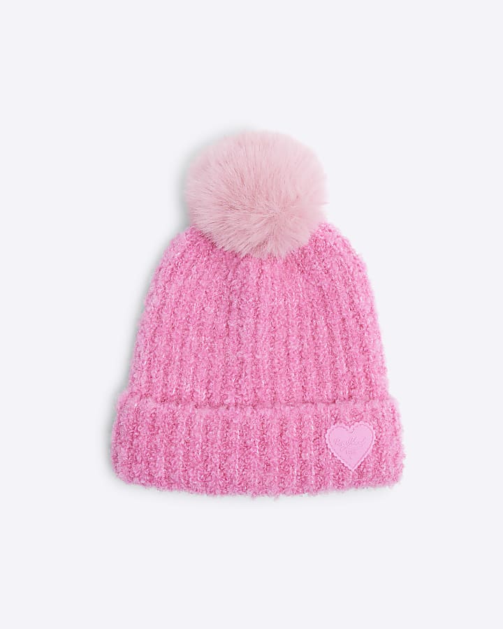 Mini Girls Pink Boucle Pom Pom Beanie Hat