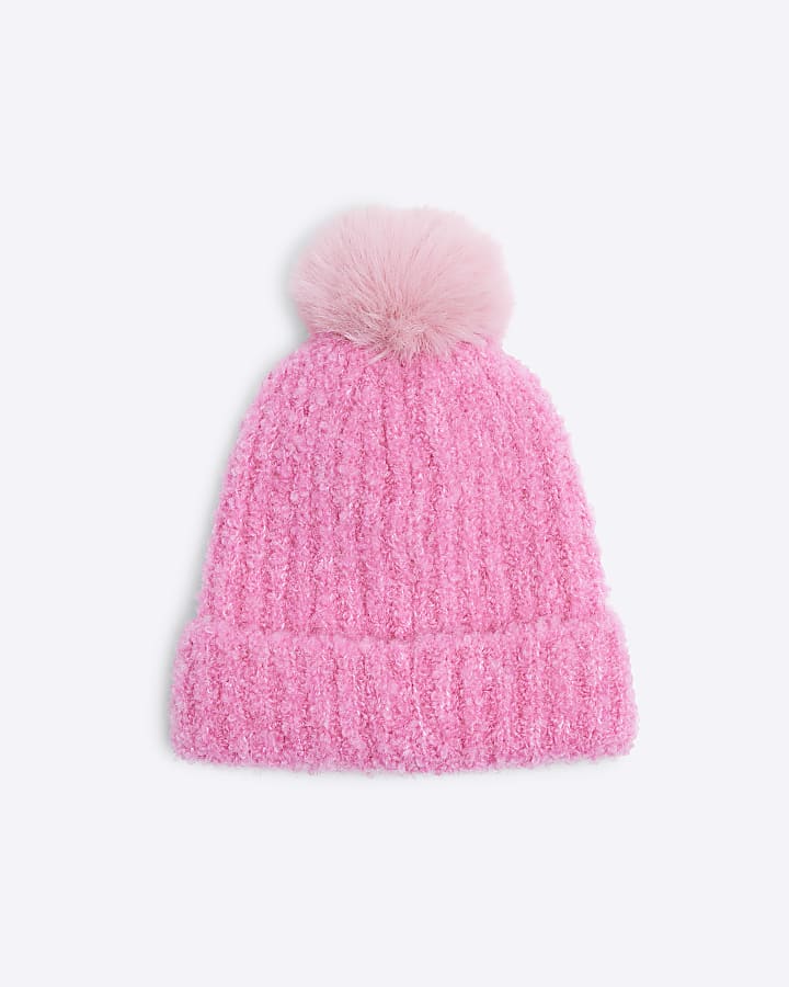 Mini Girls Pink Boucle Pom Pom Beanie Hat