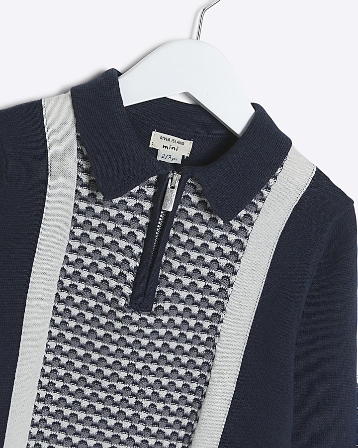 Mini Boys Navy Geometric Polo and Jeans Set