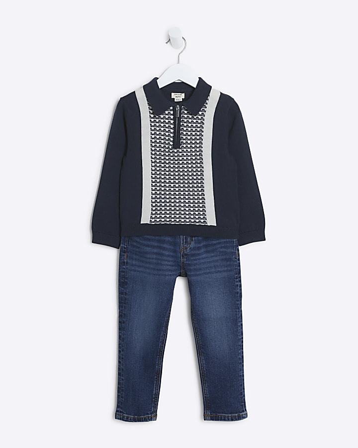 Mini Boys Navy Geometric Polo and Jeans Set