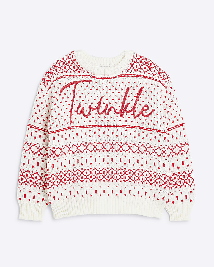 Girls Red Christmas Twinkle Fairisle Jumper