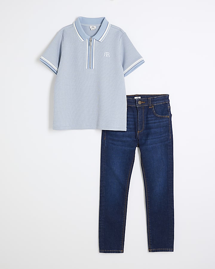 Boys Blue Denim Tipped Polo Set