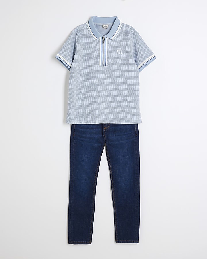 Boys Blue Denim Tipped Polo Set