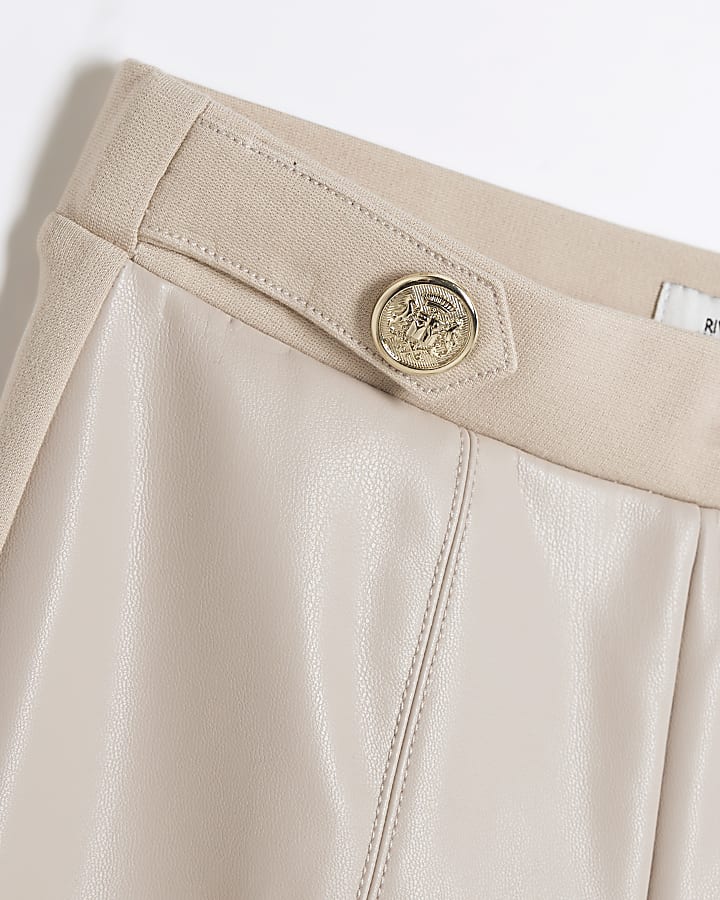 Girls Beige Faux Leather Kickflare Trousers