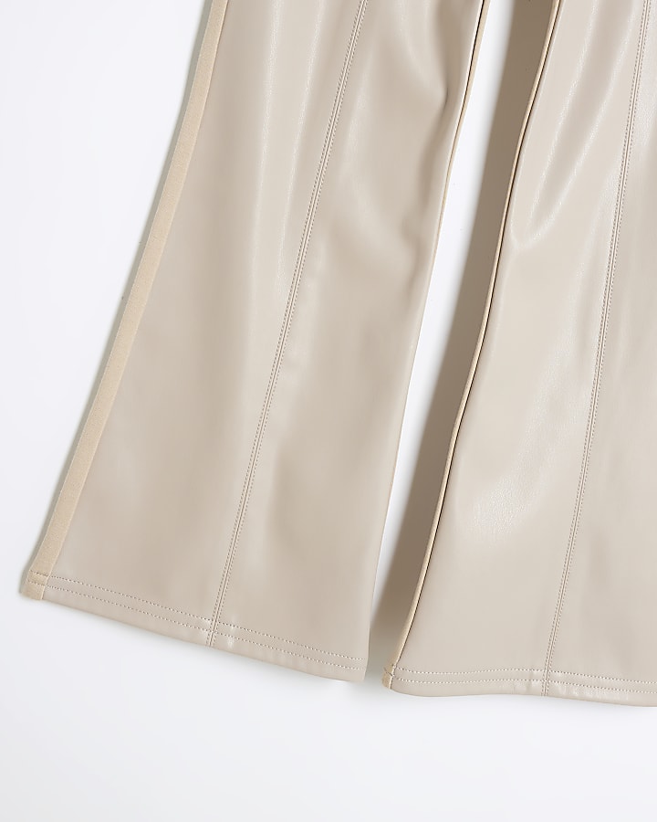 Girls Beige Faux Leather Kickflare Trousers