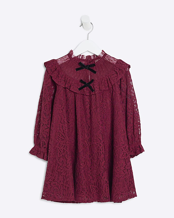 Mini Girls Red Lace Long Sleeve Smock Dress