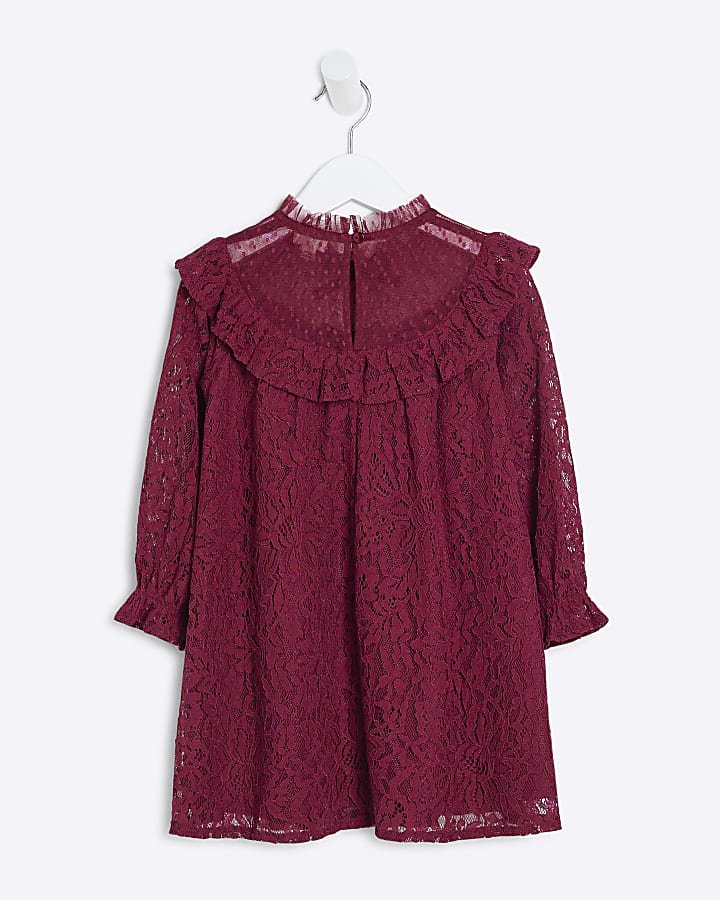 Mini Girls Red Lace Long Sleeve Smock Dress