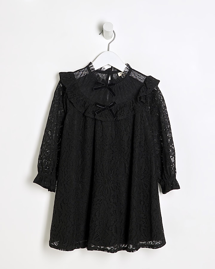 Mini Girls Black Lace Smock Dress