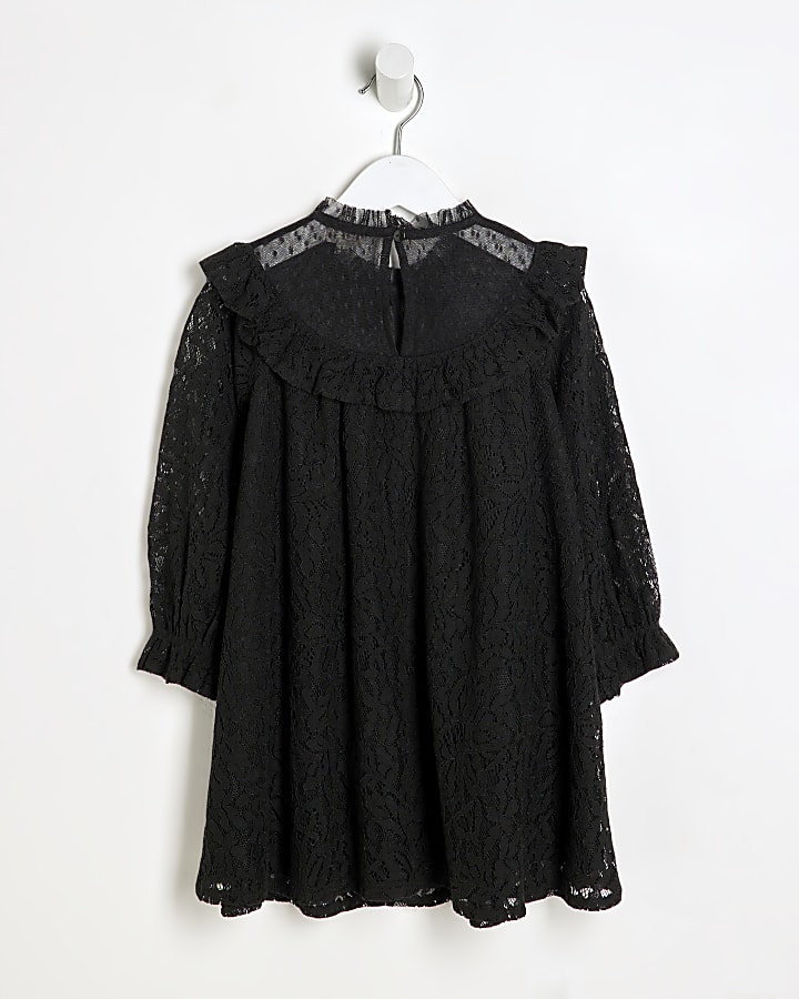 Mini Girls Black Lace Smock Dress