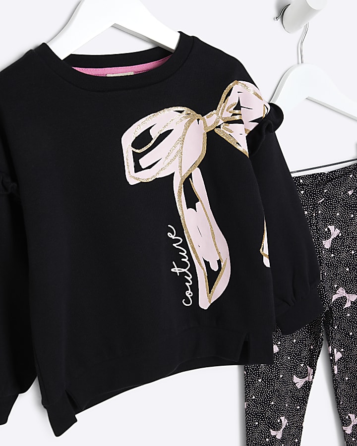 Mini Girls Black Graphic Bow Sweatshirt Set