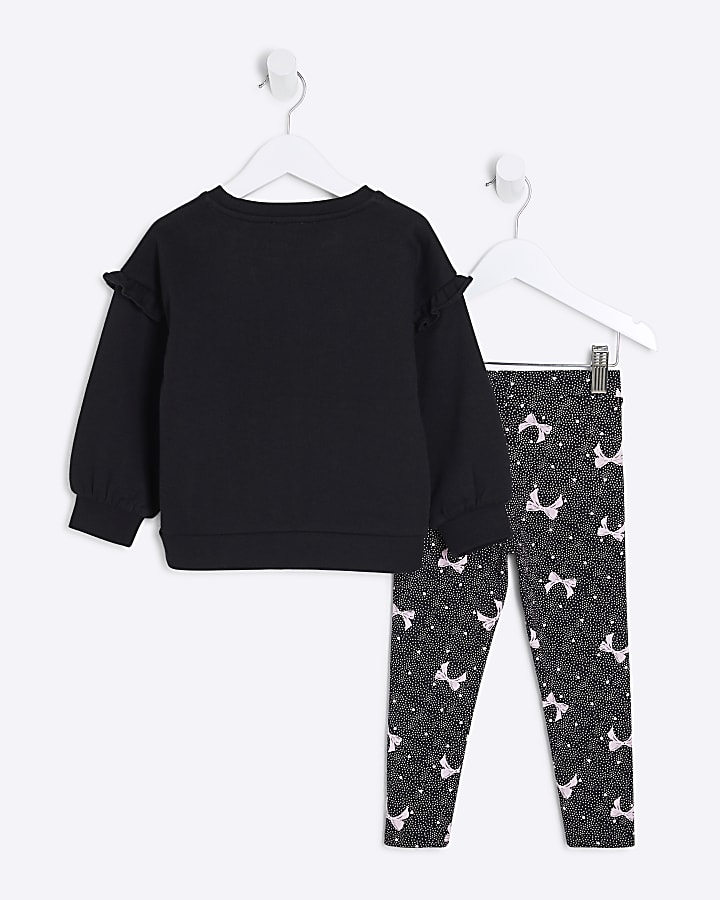 Mini Girls Black Graphic Bow Sweatshirt Set