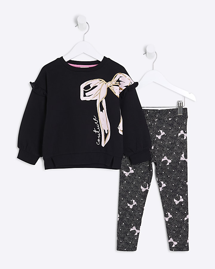 Mini Girls Black Graphic Bow Sweatshirt Set