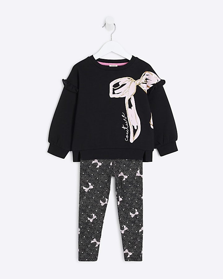 Mini Girls Black Graphic Bow Sweatshirt Set