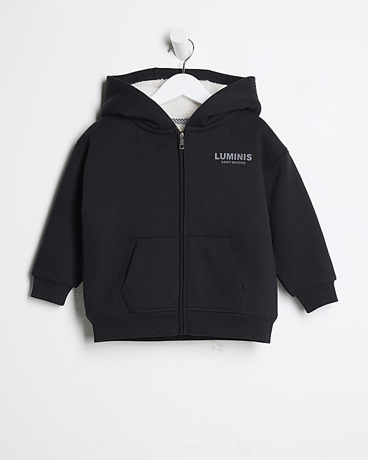 Mini Boys Black Borg Lined Luminis Hoodie River Island