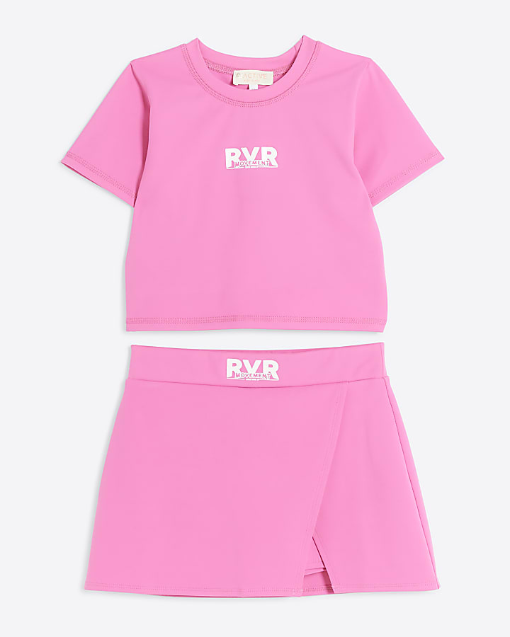 Girls pink RI active t-shirt and skort set