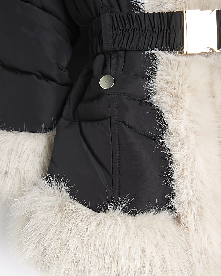 Girls Black Faux Fur Belted Snow Coat