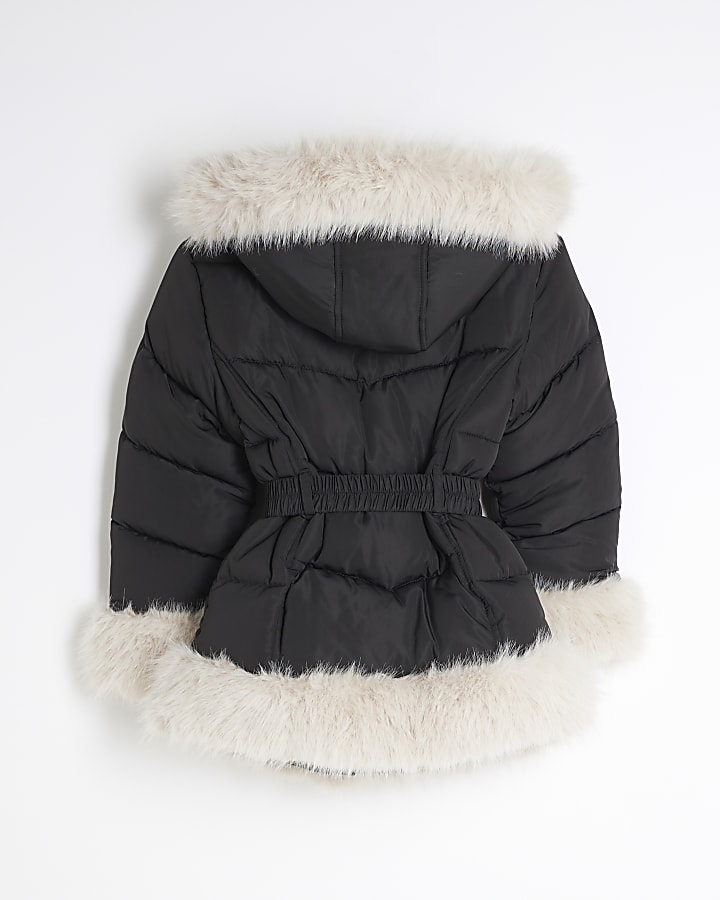 Girls Black Faux Fur Belted Snow Coat