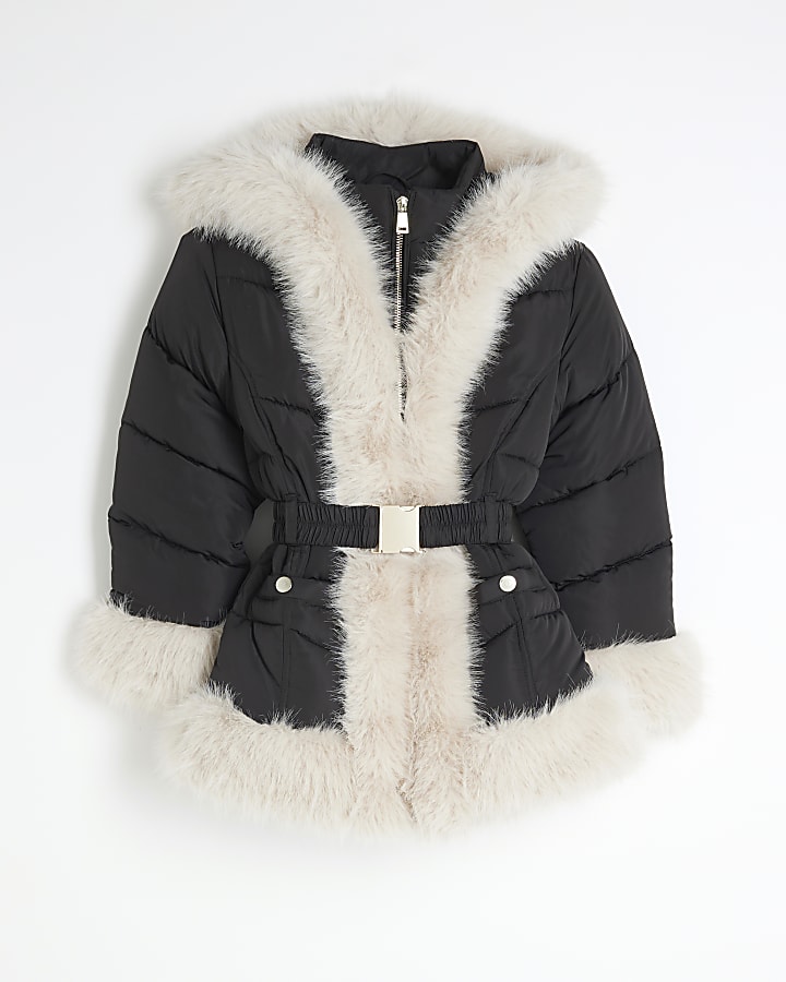 Girls Black Faux Fur Belted Snow Coat