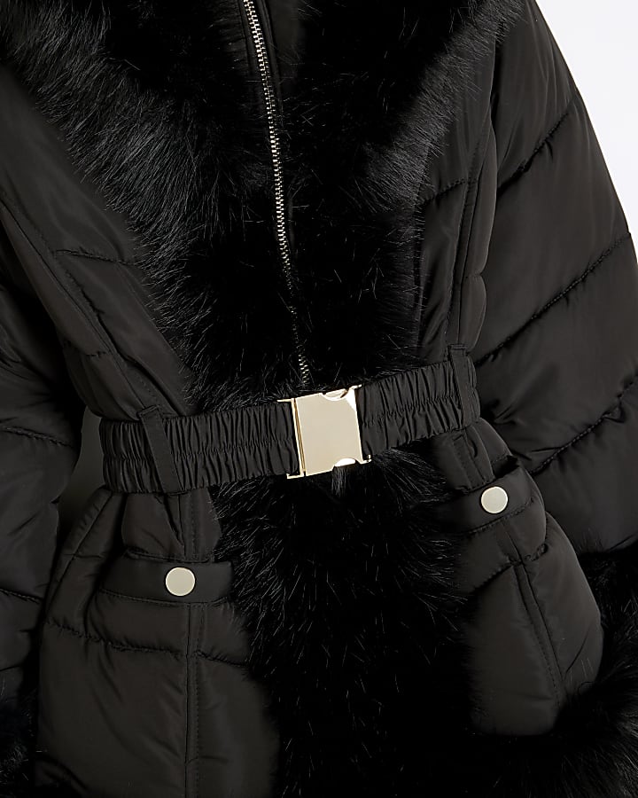 Girls Black Faux Fur Collared Puffer Coat
