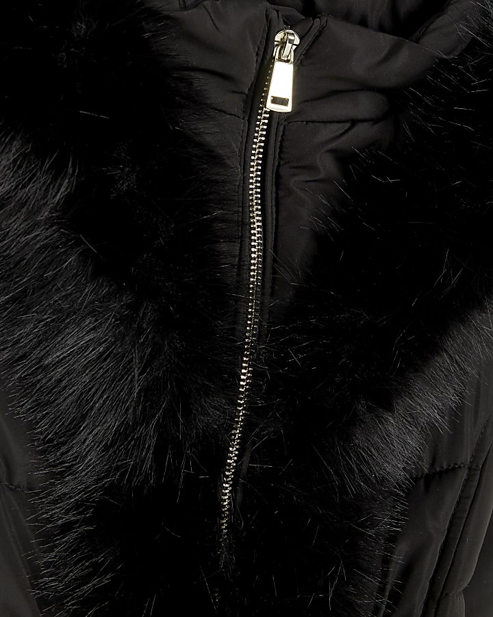 Girls Black Faux Fur Collared Puffer Coat
