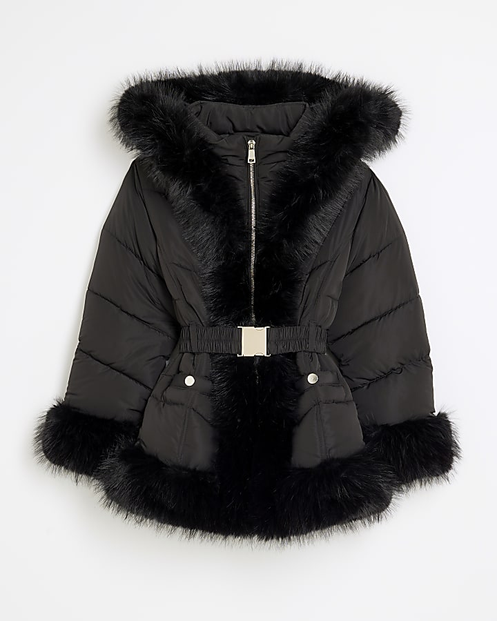 Girls Black Faux Fur Collared Puffer Coat River Island