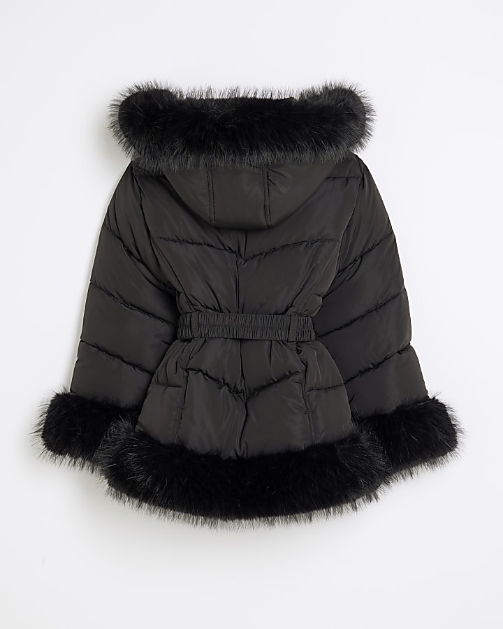 Girls Black Faux Fur Collared Puffer Coat