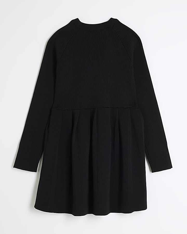 Girls Black Knit Military Pleated Dress