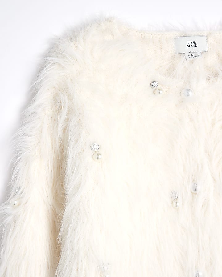 Girls Cream Faux Fur Embellished Cardigan