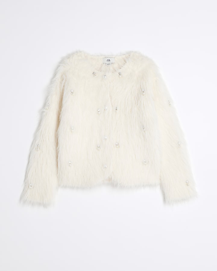 Girls Cream Faux Fur Embellished Cardigan