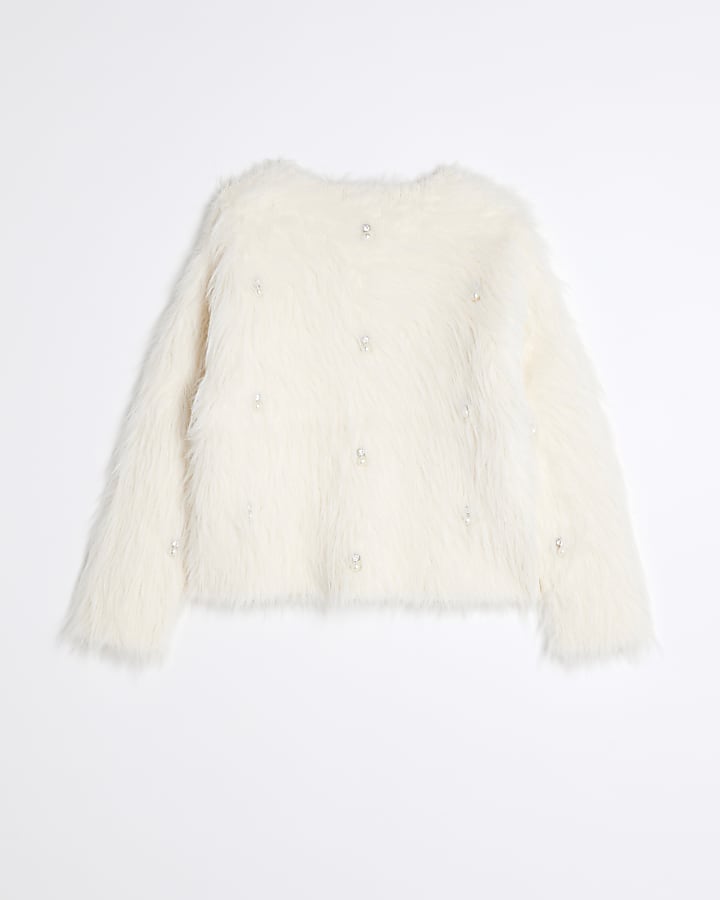 Girls Cream Faux Fur Embellished Cardigan