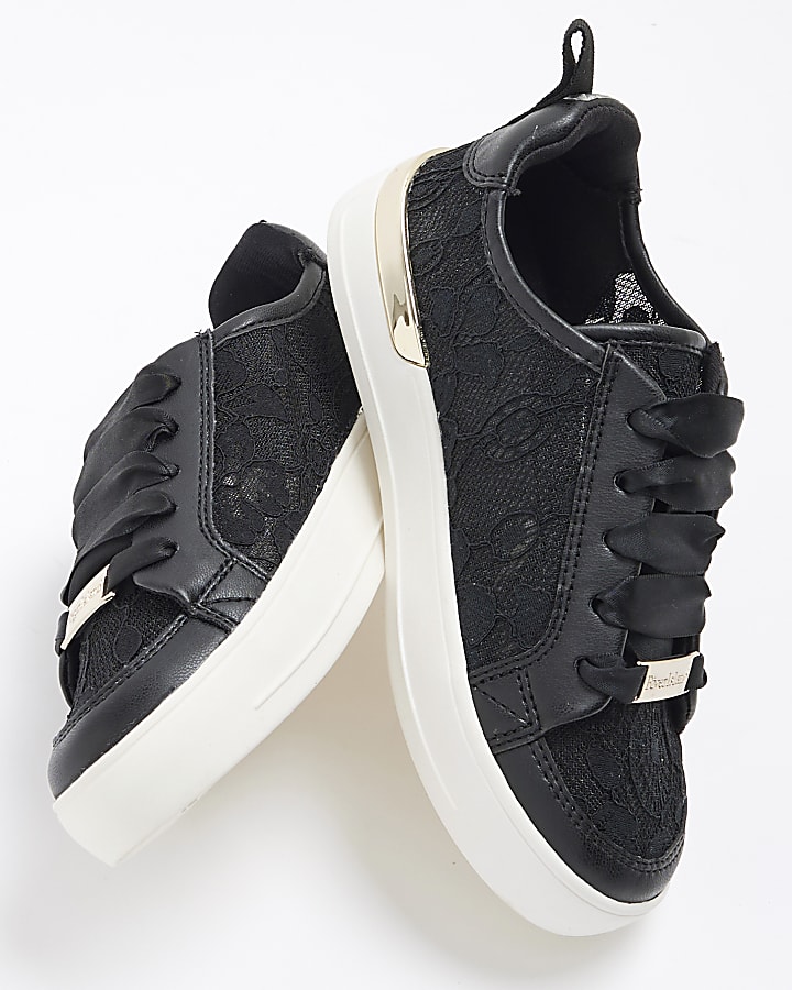 Girls Black Lace Lace Up Trainers