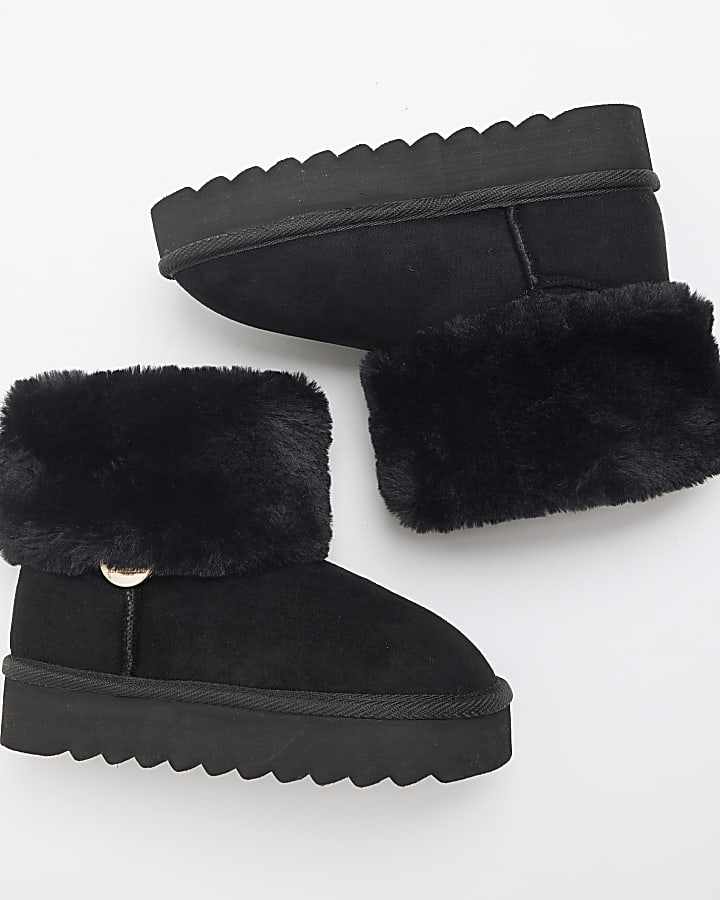 Girls Black Faux Fur Cuff Slip On Boots