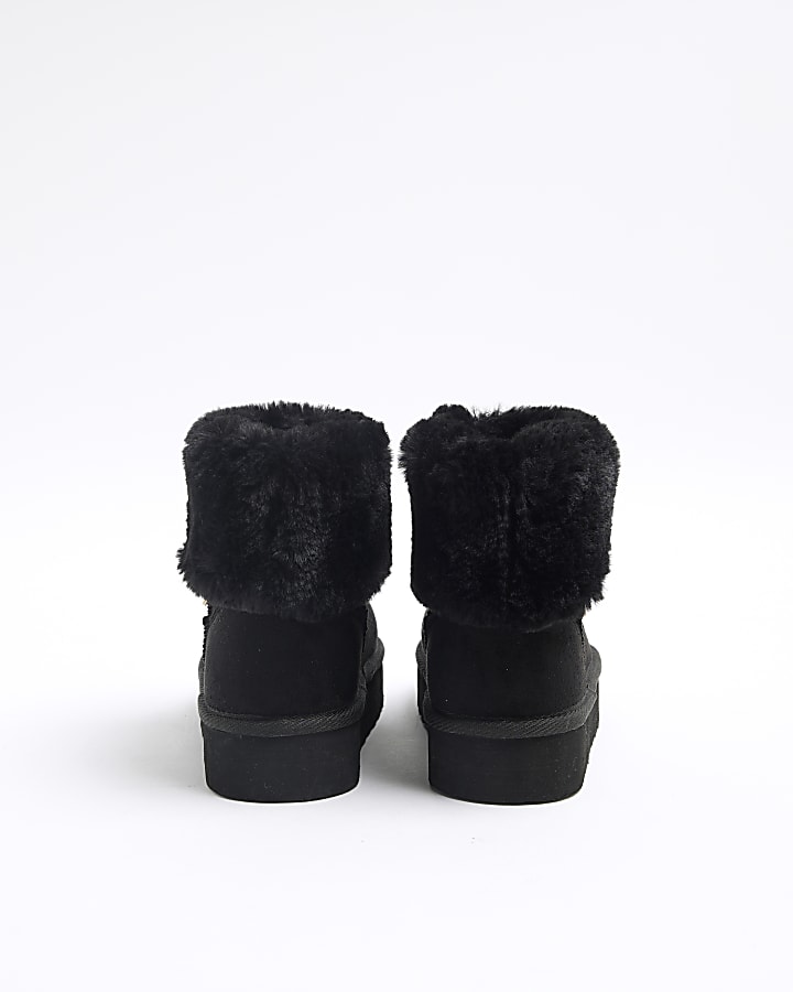 Girls Black Faux Fur Cuff Slip On Boots