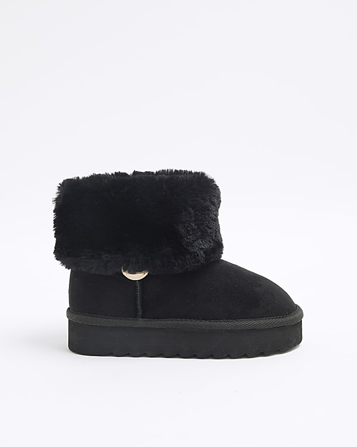 Girls Black Faux Fur Cuff Slip On Boots