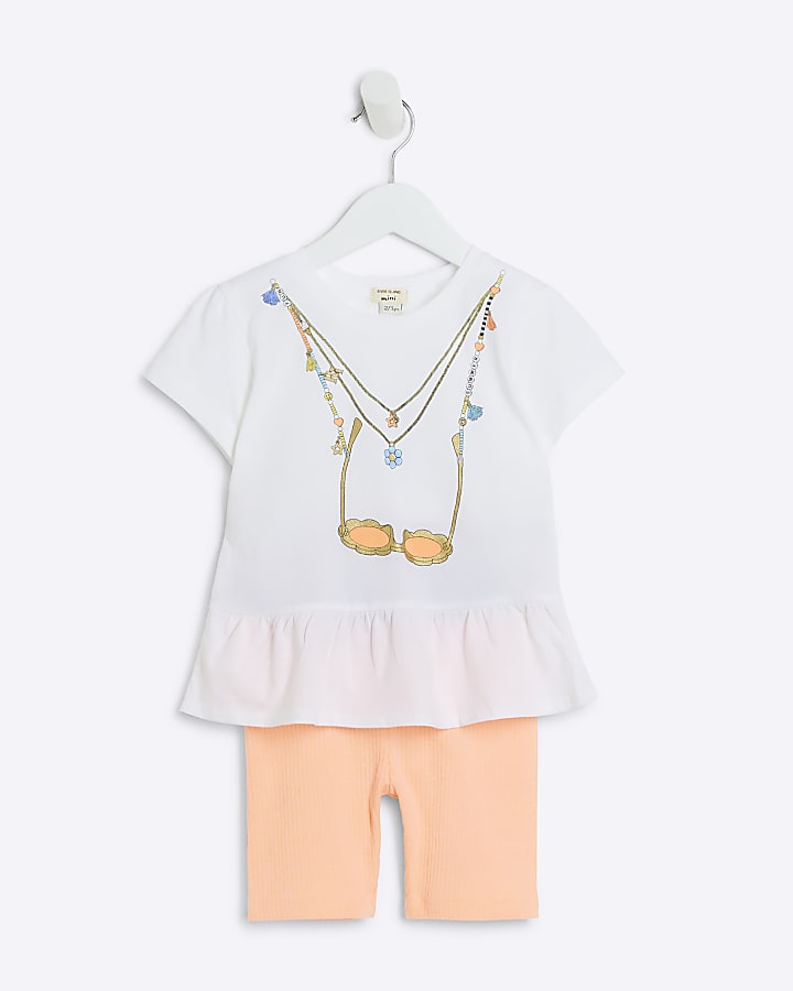 Mini girls white graphic peplum t-shirt set