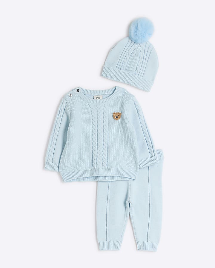 Baby Boys Blue Cable Knit 3 Piece Set